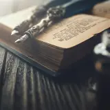Otwarta stara księga z piórami i kałamarzem na drewnianym stole.