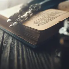 Otwarta stara księga z piórami i kałamarzem na drewnianym stole.